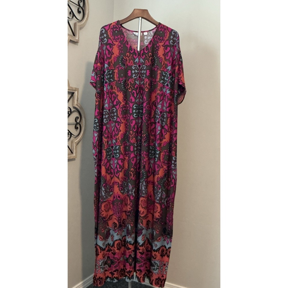 Joan Rivers Kaftan Maxi Dress Size M Long Stretch Damask Vibrant Colorful